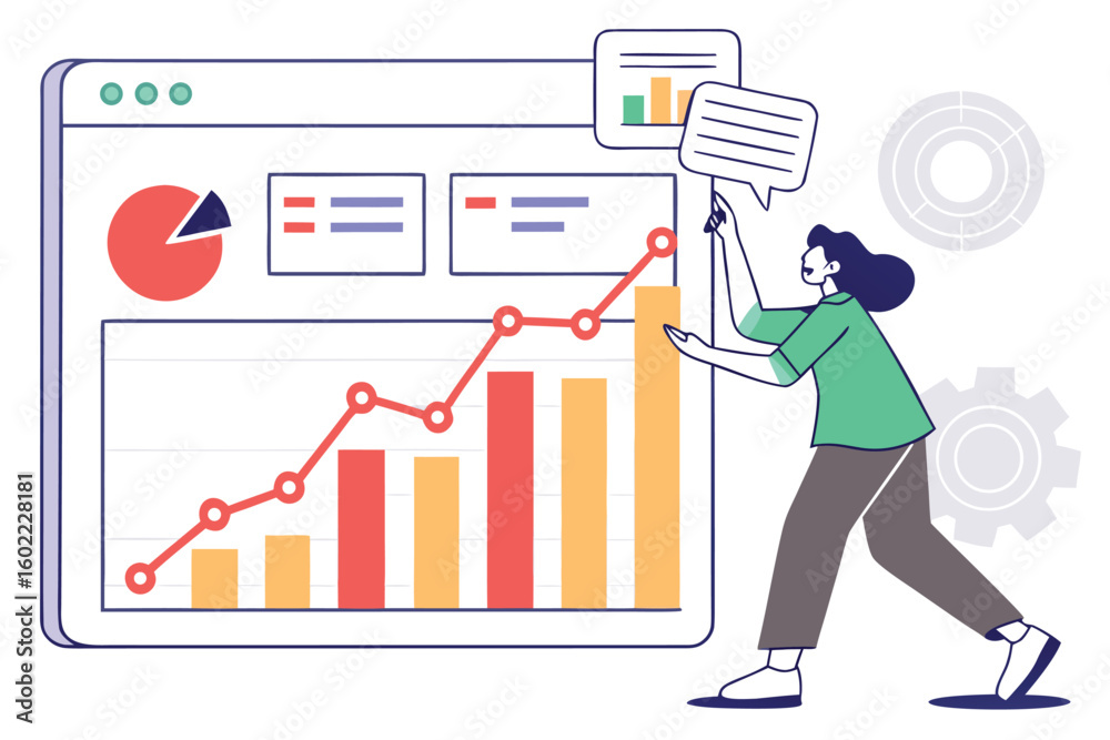Poster visual representation of data analysis showing growth trends with charts and graphs, depicting a pro