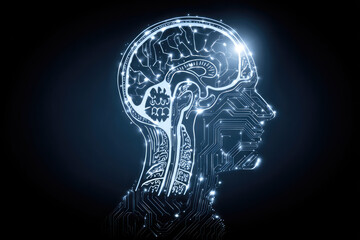Obraz premium Electronic brain and Concept of artificial intelligence(AI).Graphic of a digital brain and Human head outline made from circuit board, connecting on a dark blue background