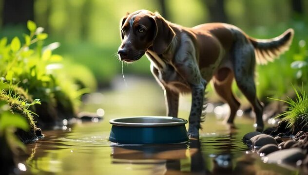 German wirehaired pointer drinking water from a bowl