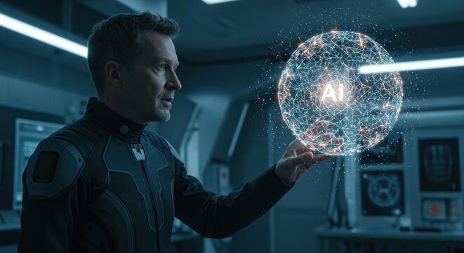 Man in futuristic uniform holding an AI sphere
