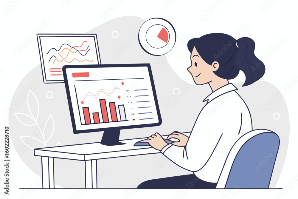 Poster working woman analyzing data on computer in modern office during daytime with charts and statistics 