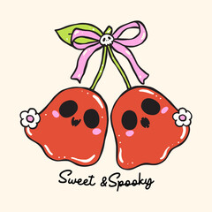 Cute Coquette Summerween Girly ghost Cherries aliked Sweet and Spooky Cartoon doodle hand drawn