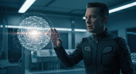 Man interacts with a glowing AI sphere in a futuristic lab