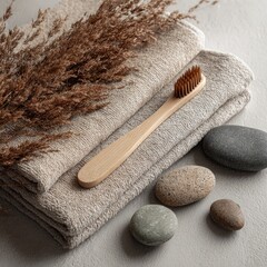 Natural bamboo toothbrush, beige towels, and stones