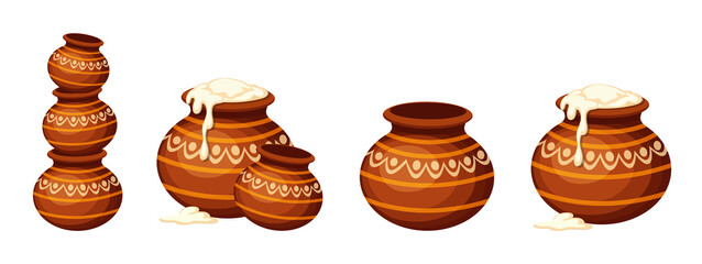 Traditional Clay Pots with Butter – Indian Matki Set Illustration for Janmashtami Isolated on Transparent Background