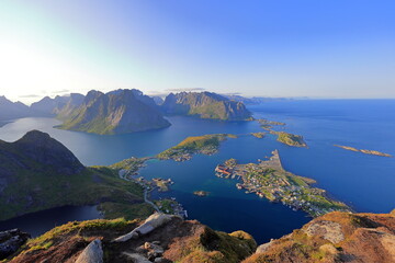 Scenic view from Reinebringen trail near Reine in the lofoten islands, Norway