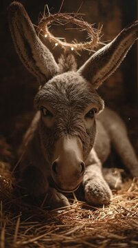 The gentle donkey from the nativity story, resting peacefully in a softly lit stable, embodying humility, peace, and the true spirit of Christmas. Perfect for religious, seasonal, or animal-themed 