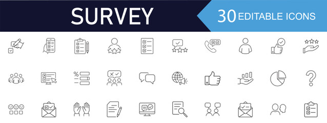 Survey web icon set in line style. Includes question, opinion, satisfaction, research, review, poll, task, answer, and more. Editable stroke for easy use. vector, illustration.
