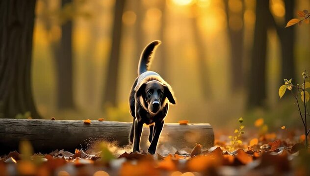 German wirehaired pointer jumping over a log in the forest