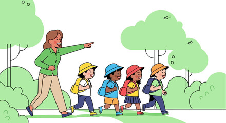 Cartoon Vector Illustration of a Teacher Leading Diverse Students on a Field Trip