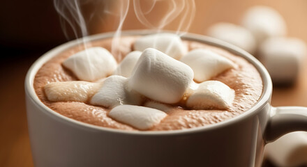 Steaming Hot Chocolate with Marshmallows in White Mug