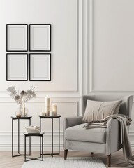 A cozy living room interior with an armchair. side tables. a vase with dried flowers. and candles on a white wall with moldings and four blank frames
