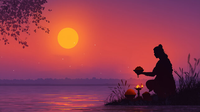 Spiritual Mahalaya Amavasya banner, silhouette of devotee doing pind daan with rice balls and diya, glowing saffron-to-dark purple gradient sky