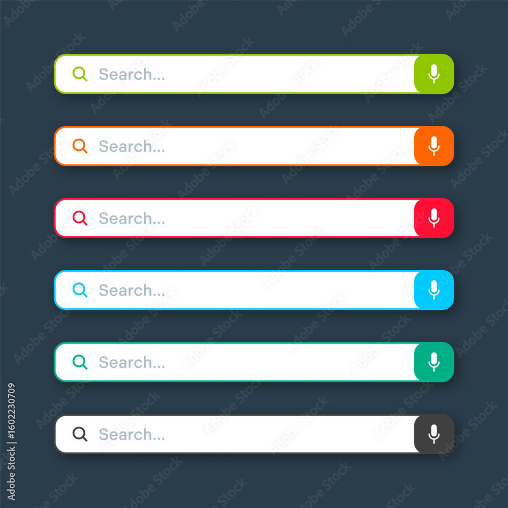 Fototapete Various search bar templates. Internet browser engine with search box, address bar and text field. UI design, website interface element with web icons and push button. Vector illustration