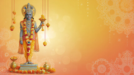 Spiritual Parsva Ekadashi banner, Vishnu idol with garlands and lamps, serene sky-to-saffron gradient background