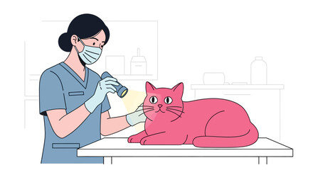 A female veterinarian in a mask examines a pink cat with a flashlight in a clinic.