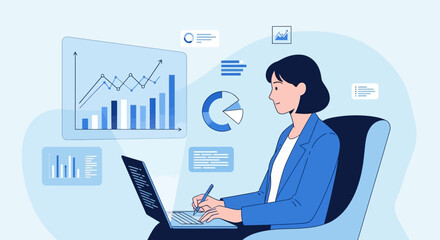 Modern Flat Vector Illustration of a Business Woman with Laptop Analyzing Data Charts in Blue