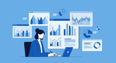 Modern Business Vector Illustration of a Woman Analyzing Data Charts on a Laptop