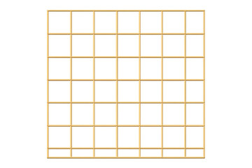Golden metal grid forming a repeating pattern of squares, isolated on a transparent background, ideal for design projects