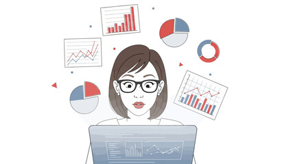 Business Data Analysis Vector Illustration with a Woman Laptop and Financial Charts