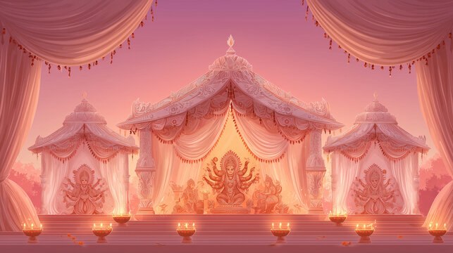 Traditional Navratri banner, beautifully decorated pandal with Durga idol, devotees offering aarti with lamps, soft pink-to-orange gradient background, 