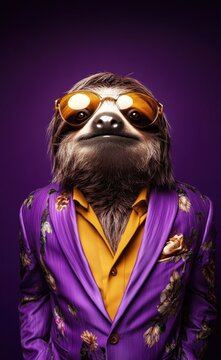 Whimsical Sloth Portrait in Purple Suit with Floral Pattern and Cool looking wearing funky fashion