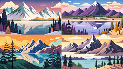 illustration set of Snow covered Andes mountains and lake and pine trees