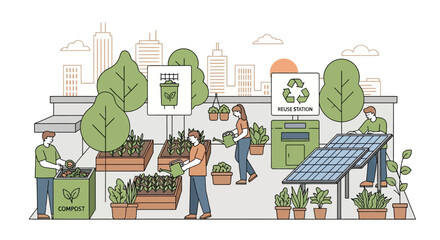 Modern Vector Illustration of a Sustainable Urban Garden with Eco Friendly Community Activities