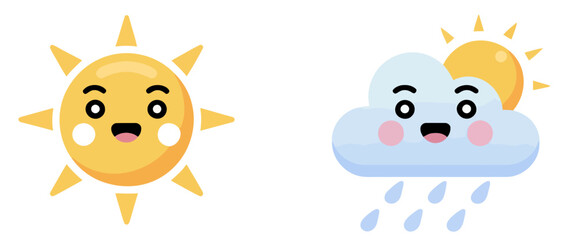 Kawaii Weather Vector Icon Set with Cute Sun and Raining Cloud Characters