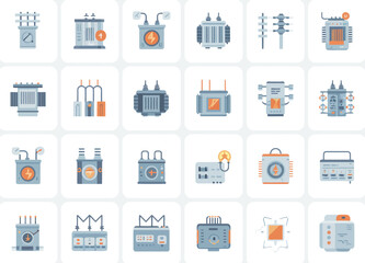 A collection of flat design icons representing various electrical transformers and power grid equipment.