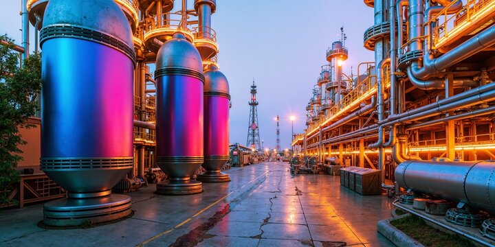 Crude oil fuel plant. Steel chemical industry. Gas pipe tube pump rack. Pair blue zone tank, gold metal valve shine. Power up hazard, close valva tower signs, vapor energy supply, design fluid barrel