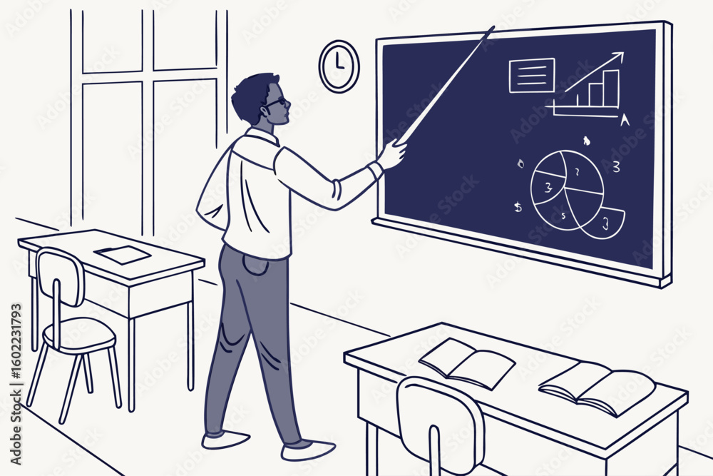Poster teacher explaining math concepts to students in a classroom with a chalkboard displaying charts and 
