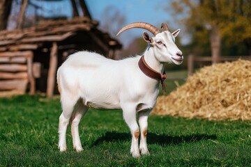 Obraz premium White goat with long curved horns standing in a grassy Female on farm