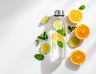Refreshing infused water with lemon, lime, orange, and mint in a glass bottle on a white background