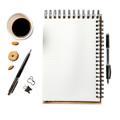 Blank notebook, coffee, and snacks
