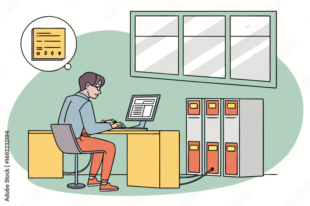 Poster working at a desk with a computer while organizing files in a bright and modern office space in the 