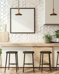 Modern kitchen island with three black bar stools and a white hexagon tile backsplash. with two pendant lights