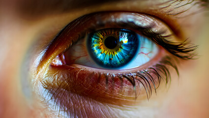 Fototapeta premium Detailed Close-up of a Striking Blue and Gold Human Eye with Vivid Iris