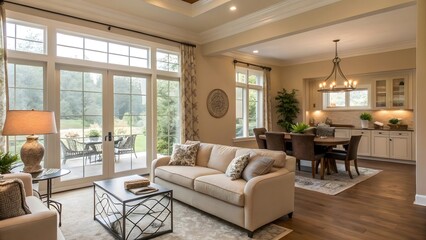 Fototapeta premium Bright and Airy Living Room with Large Windows, Comfortable Seating and Dining Area Design