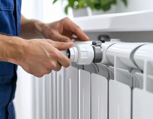 Close-up of hands installing or adjusting a radiator valve. Central heating system maintenance in a modern interior. Generated image