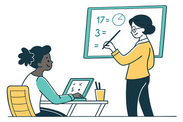 Student engaged in learning with teacher at classroom during math lesson on chalkboard, exploring problems with enthusiasm and collaboration