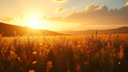 Golden hour field with lens flare and warm glow