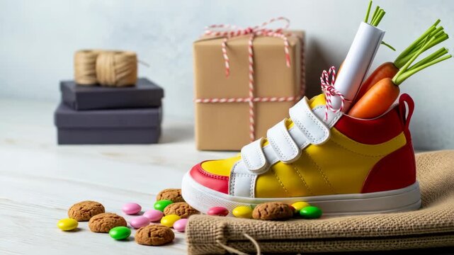 Childrens shoe and pepernoten for Sinterklaas and carrot for horse treat stands in front of hot fireplace. Celebration concept for children party in Saint Nicolas day five december. 