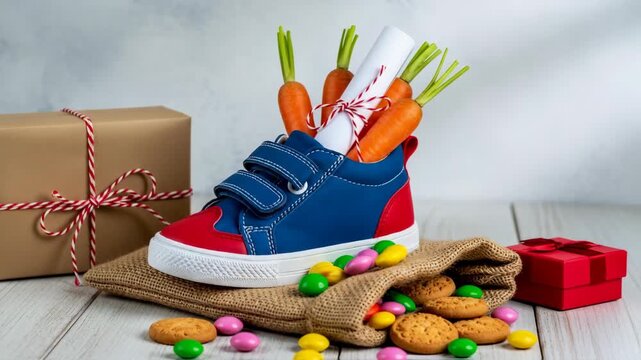 Childrens shoe and pepernoten for Sinterklaas and carrot for horse treat stands in front of hot fireplace. Celebration concept for children party in Saint Nicolas day five december. 