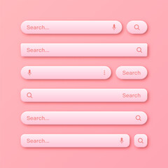 Colorful 3d search bar templates. Internet browser engine with search box, address bar and text field. UI design, website interface element with web icons and push button. Vector illustration