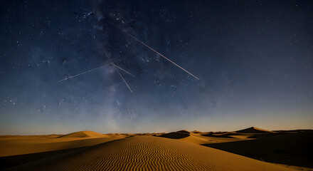 A desert landscape under a starry night sky with visible meteor showers streaking across the dark blue expanse.