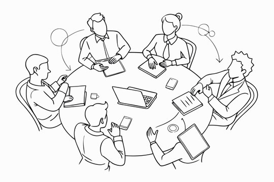Group of professionals engaged in a collaborative meeting at a round table discussing strategies and sharing ideas in a modern office environment