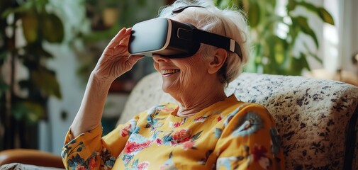 Elderly woman enjoying virtual reality experience.