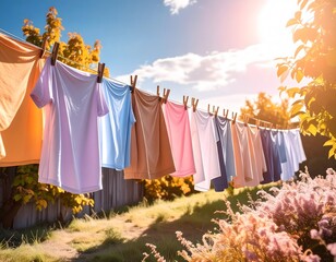 A row of fresh, clean t-shirts hanging on a washing line to dry in the warm sunshine, showcasing an eco-friendly lifestyle.