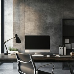 Modern minimalist workspace with exposed concrete wall, desktop computer, desk lamp, and office chair